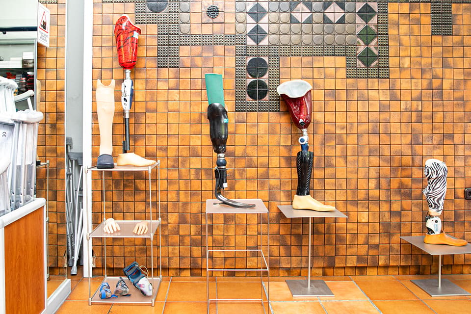 Prosthetic legs and prosthetic components on display at Hlamidis Orthopaedic Center